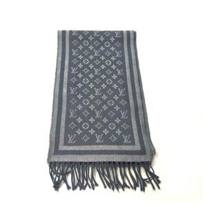 Auth Louis Vuitton Gray Wool Cashmere Blend Monogram Scarf Muffler Neckwarmer